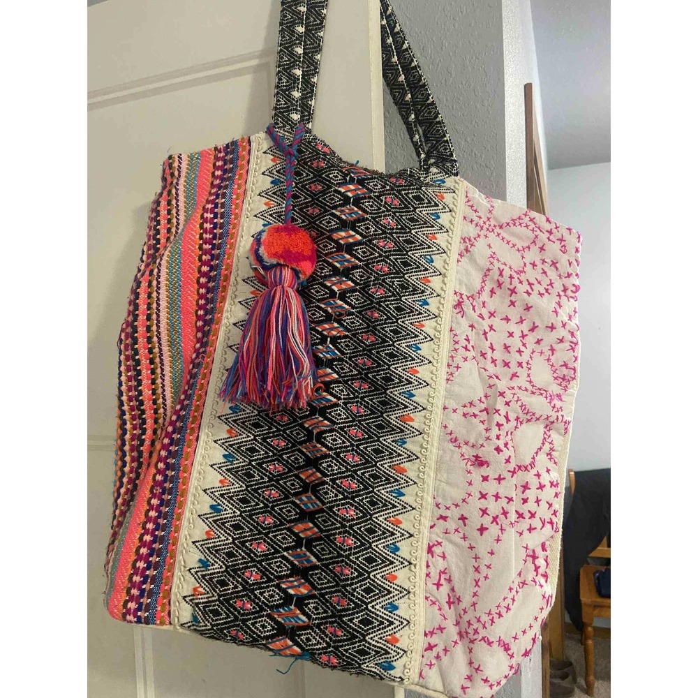 Chloe &‎ Lex Boho Embroidered Tote Bag Large Multicolor Tassel Beach Travel